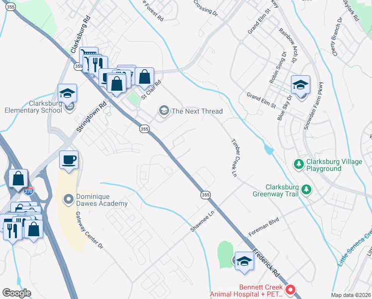 map of restaurants, bars, coffee shops, grocery stores, and more near 23003 Frederick Road in Clarksburg