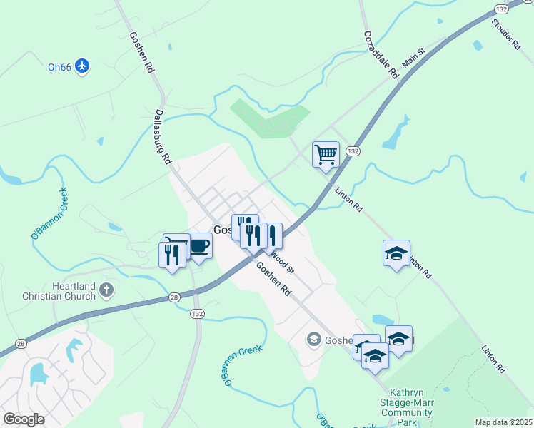 map of restaurants, bars, coffee shops, grocery stores, and more near 1887 Plum Street in Goshen