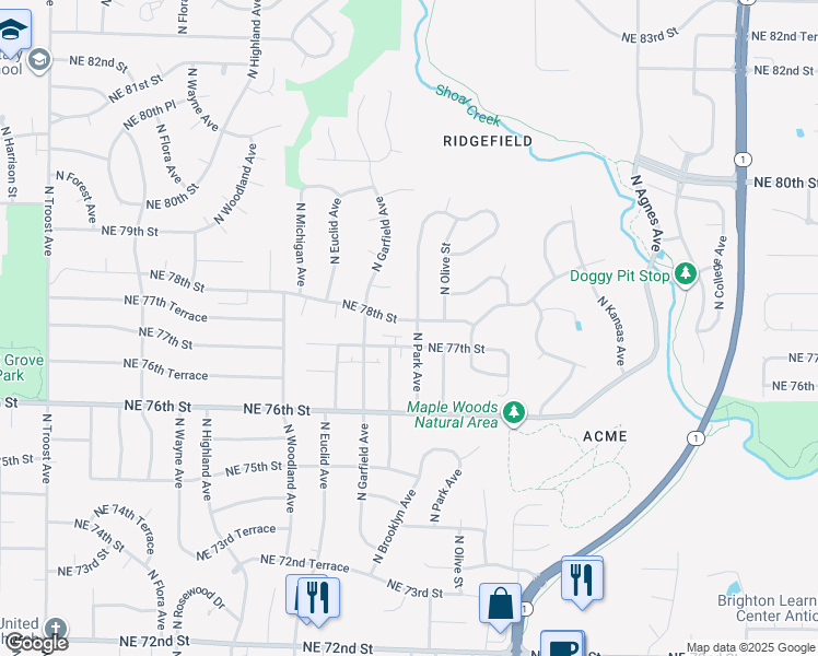 map of restaurants, bars, coffee shops, grocery stores, and more near 7736 North Park Avenue in Kansas City