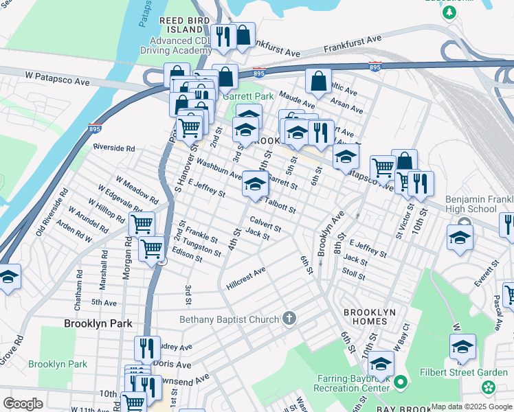 map of restaurants, bars, coffee shops, grocery stores, and more near 410 East Jeffrey Street in Baltimore