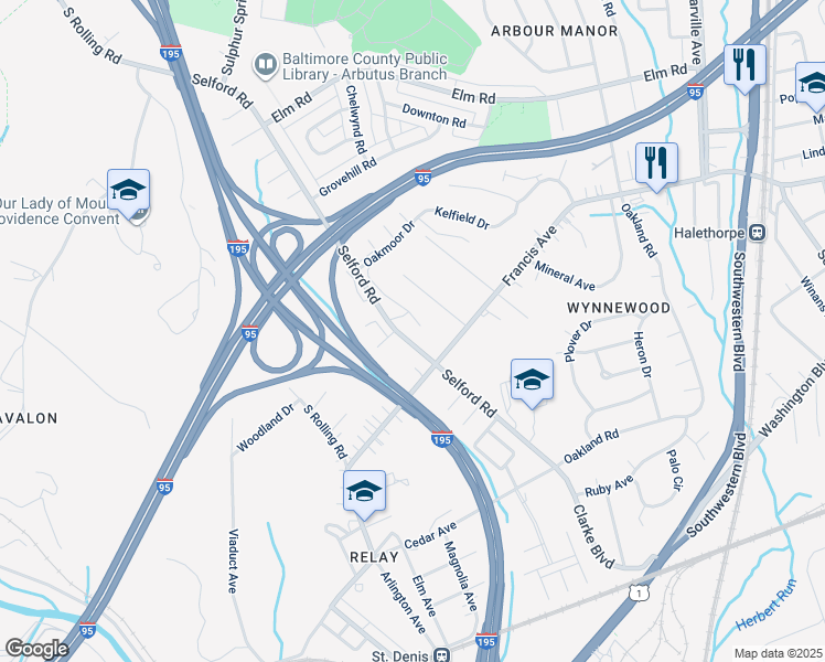 map of restaurants, bars, coffee shops, grocery stores, and more near 5652B Ringwood Drive in Baltimore