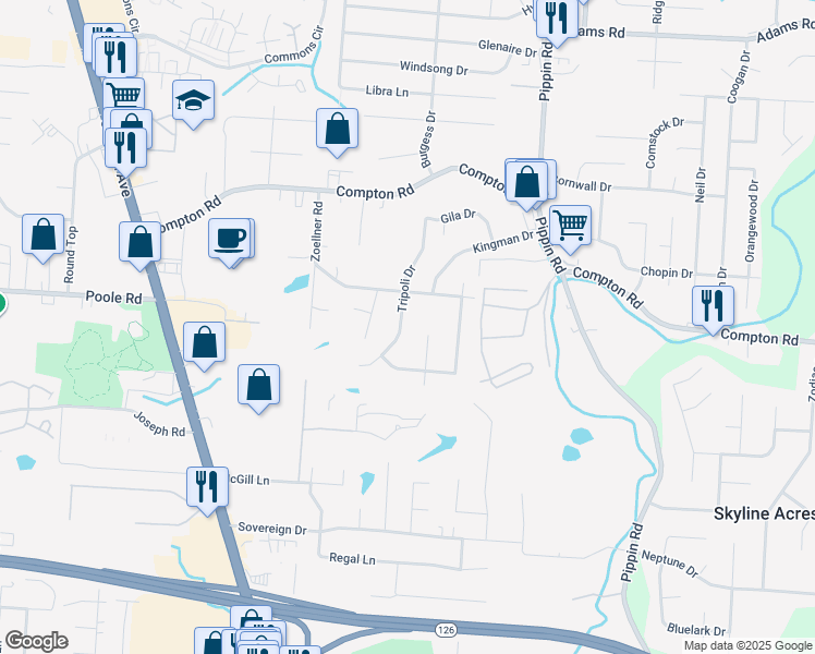 map of restaurants, bars, coffee shops, grocery stores, and more near 8988 Tripoli Drive in Cincinnati