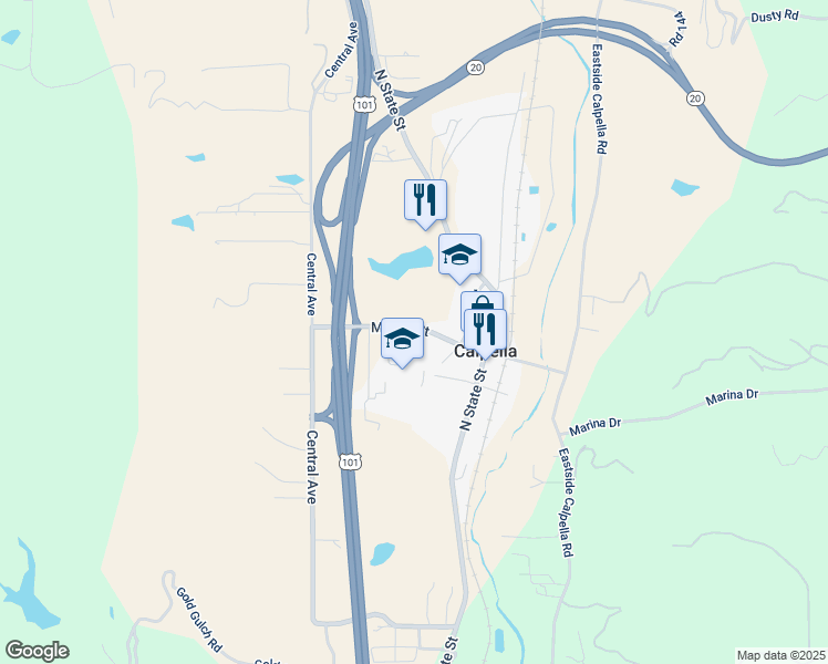 map of restaurants, bars, coffee shops, grocery stores, and more near 131 Moore Street in Ukiah