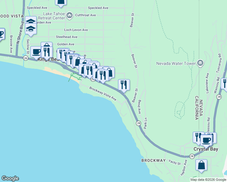 map of restaurants, bars, coffee shops, grocery stores, and more near 8758 North Lake Boulevard in Kings Beach