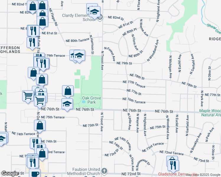 map of restaurants, bars, coffee shops, grocery stores, and more near 1105 Northeast 77th Street in Kansas City