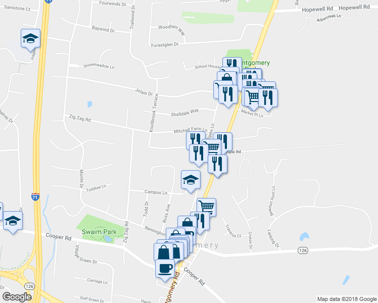 map of restaurants, bars, coffee shops, grocery stores, and more near 9838 Tollgate Lane in Cincinnati