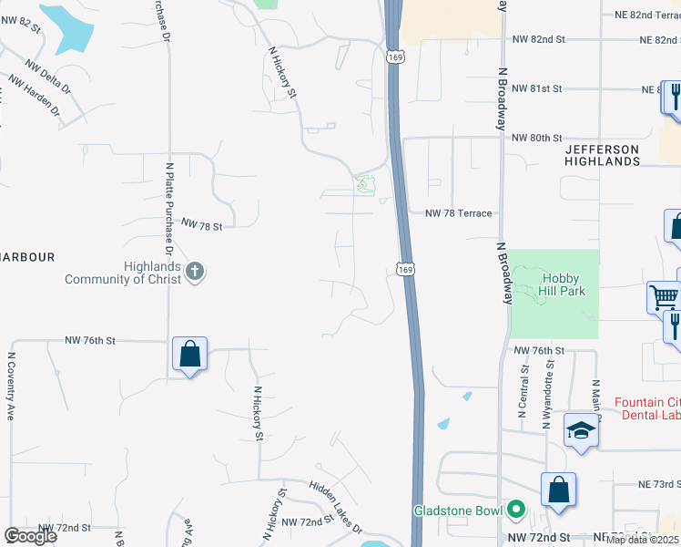map of restaurants, bars, coffee shops, grocery stores, and more near 7701 North Mercier Street in Kansas City