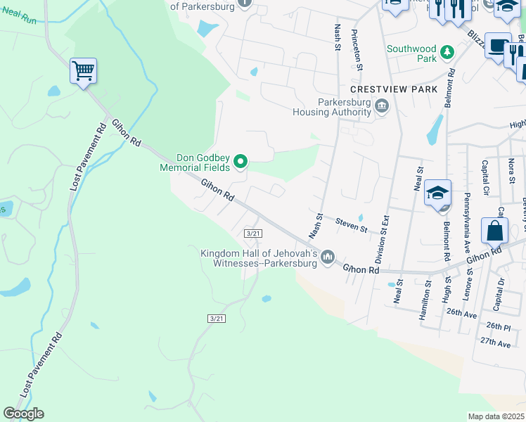 map of restaurants, bars, coffee shops, grocery stores, and more near 1613 Gihon Road in Parkersburg
