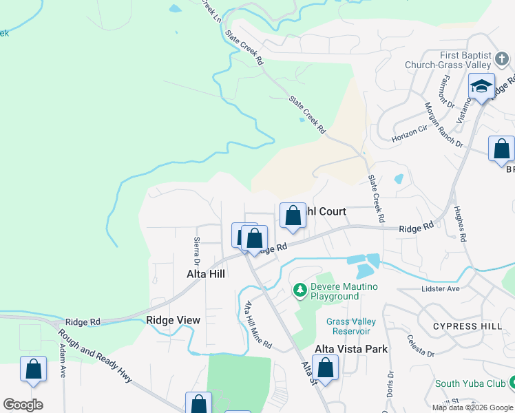 map of restaurants, bars, coffee shops, grocery stores, and more near 13022 Frosty Lane in Grass Valley