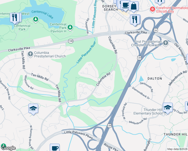 map of restaurants, bars, coffee shops, grocery stores, and more near 5320 Tarkington Pl in Columbia
