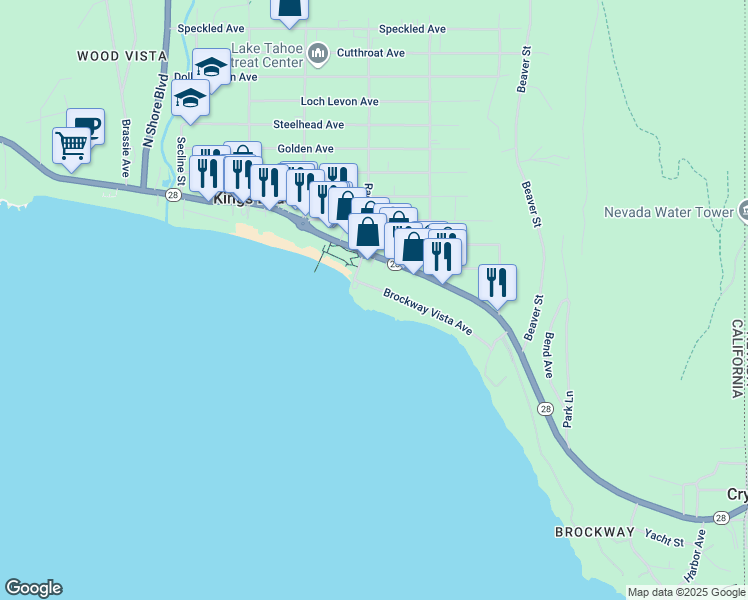 map of restaurants, bars, coffee shops, grocery stores, and more near 8670 Brockway Vista Avenue in Kings Beach