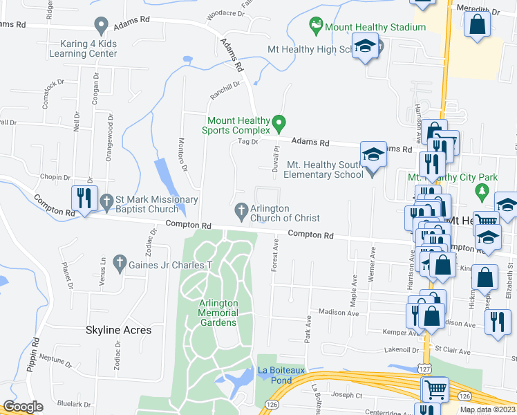 map of restaurants, bars, coffee shops, grocery stores, and more near 7858 Compton Lake Drive in Mount Healthy