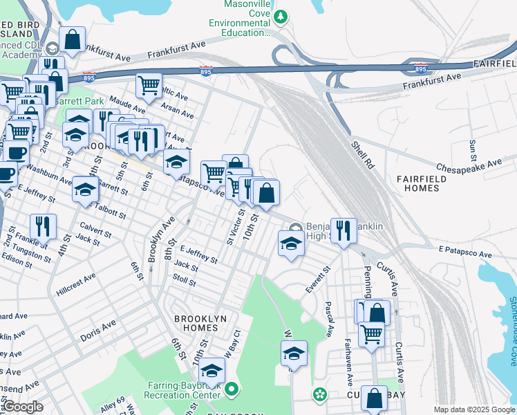 map of restaurants, bars, coffee shops, grocery stores, and more near E Patapsco Ave & 10th St in Baltimore