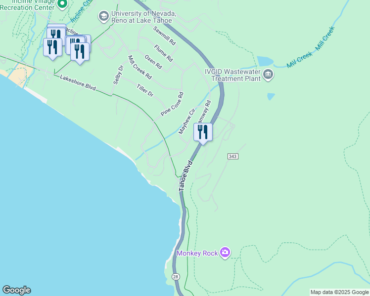 map of restaurants, bars, coffee shops, grocery stores, and more near 1132 Lakeshore Boulevard in Incline Village