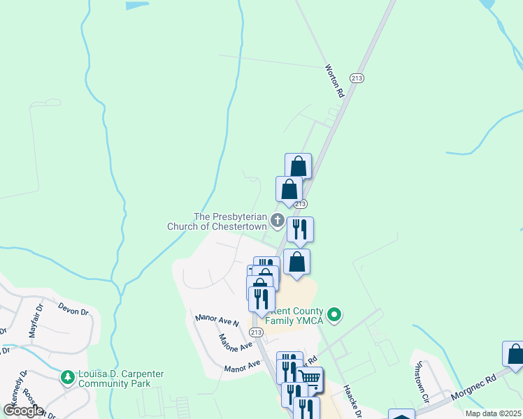 map of restaurants, bars, coffee shops, grocery stores, and more near 907 North Meadowview Drive in Chestertown