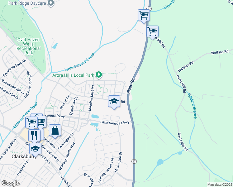 map of restaurants, bars, coffee shops, grocery stores, and more near 23461 Arora Hills Drive in Clarksburg
