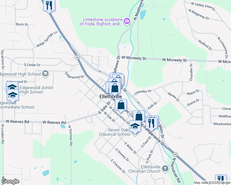 map of restaurants, bars, coffee shops, grocery stores, and more near in Ellettsville