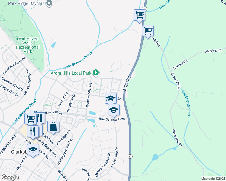 map of restaurants, bars, coffee shops, grocery stores, and more near 23461 Arora Hills Drive in Clarksburg