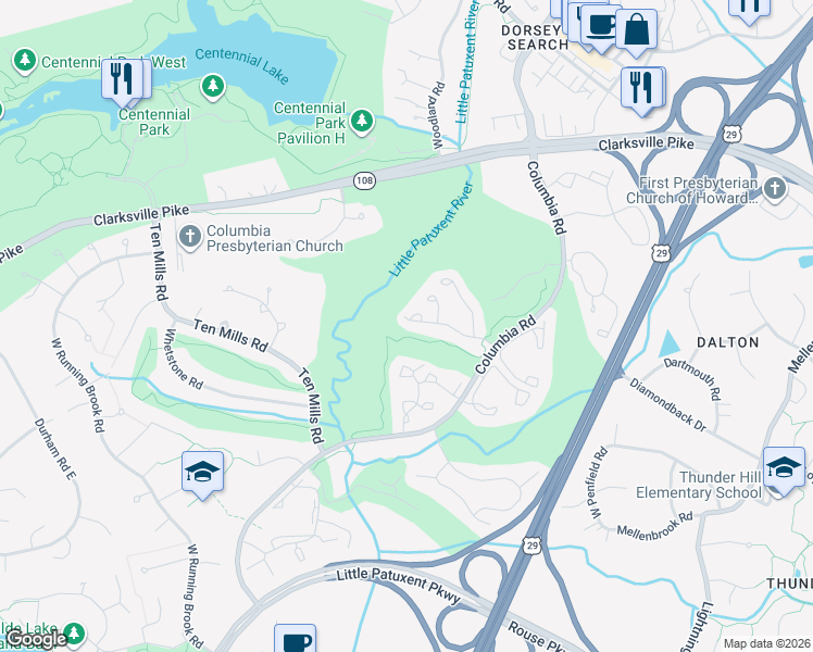 map of restaurants, bars, coffee shops, grocery stores, and more near 5365 Tarkington Place in Columbia