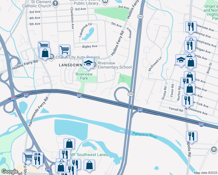 map of restaurants, bars, coffee shops, grocery stores, and more near 418 Burbank Court in Halethorpe