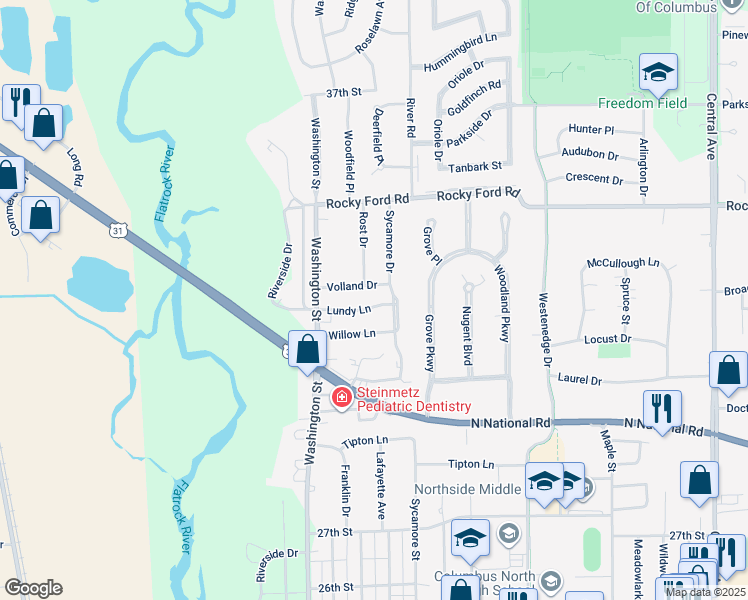map of restaurants, bars, coffee shops, grocery stores, and more near 721 Lundy Lane in Columbus