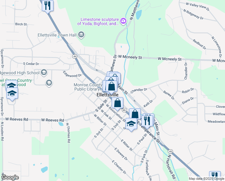 map of restaurants, bars, coffee shops, grocery stores, and more near in Ellettsville