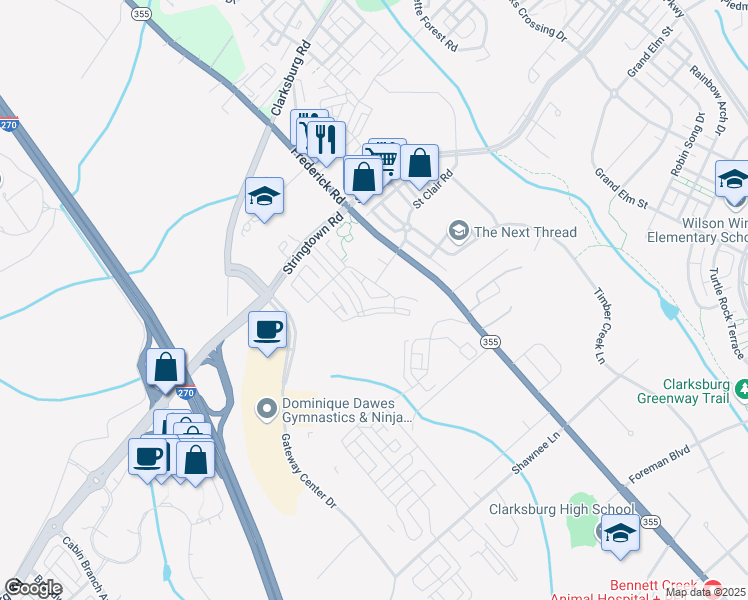 map of restaurants, bars, coffee shops, grocery stores, and more near 3169 Bluebeard Terrace in Clarksburg