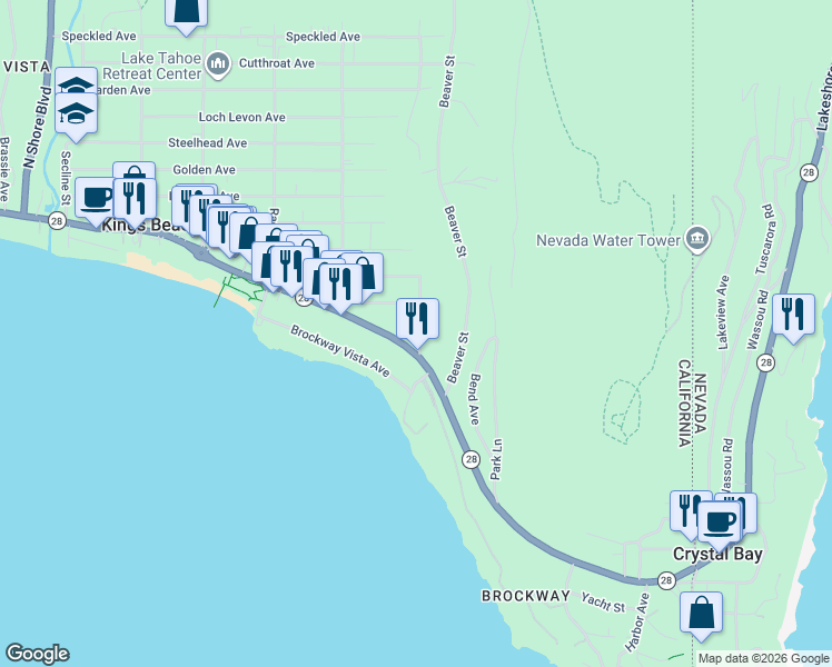 map of restaurants, bars, coffee shops, grocery stores, and more near in Kings Beach