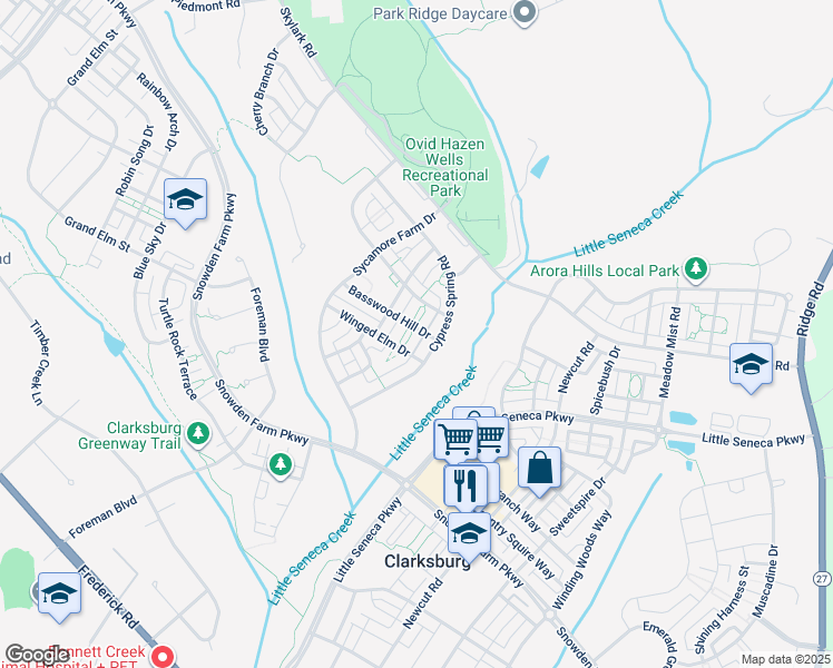map of restaurants, bars, coffee shops, grocery stores, and more near 23017 Winged Elm Drive in Clarksburg