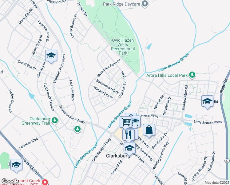 map of restaurants, bars, coffee shops, grocery stores, and more near 23017 Winged Elm Drive in Clarksburg