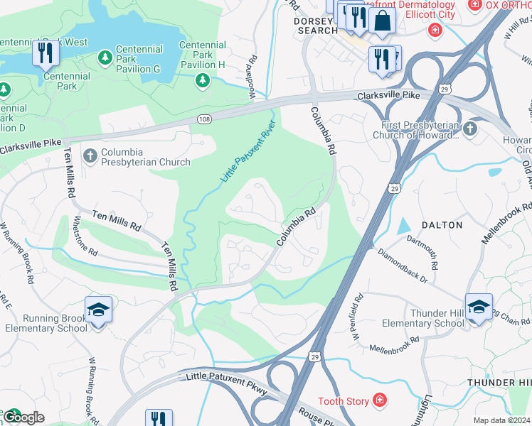 map of restaurants, bars, coffee shops, grocery stores, and more near 5328 Tarkington Place in Columbia