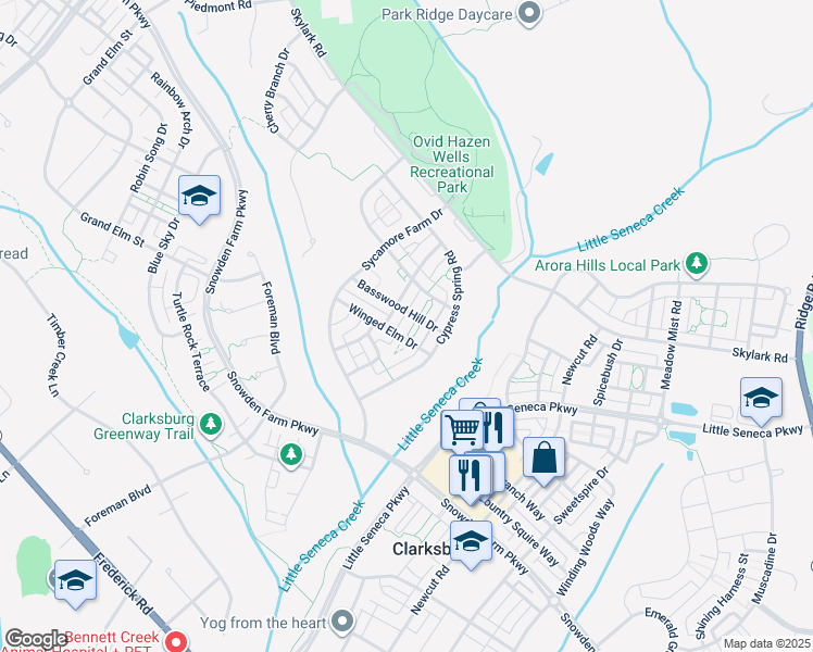 map of restaurants, bars, coffee shops, grocery stores, and more near 23029 Winged Elm Drive in Clarksburg
