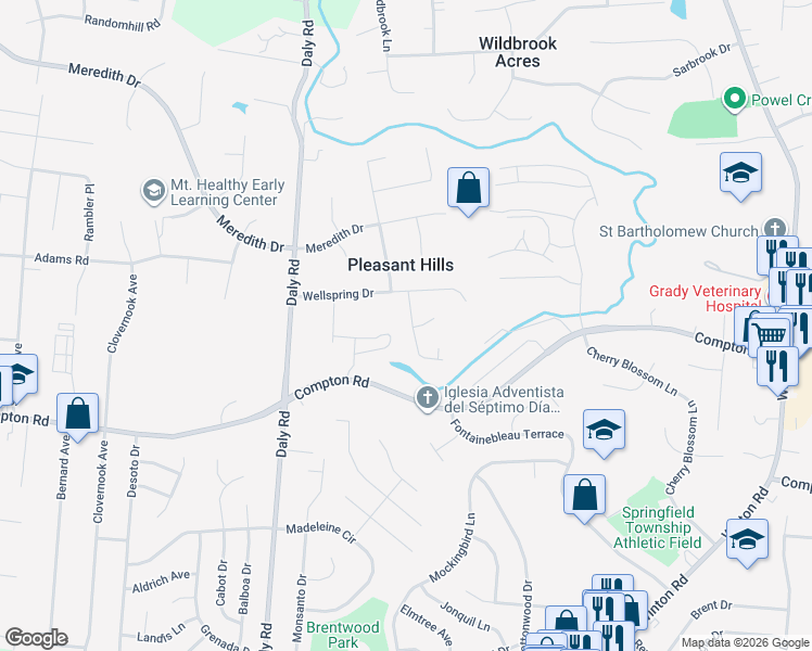 map of restaurants, bars, coffee shops, grocery stores, and more near 9275 Meadowglen Drive in Cincinnati