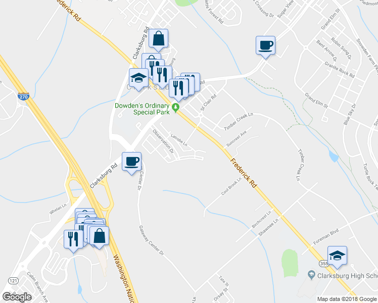 map of restaurants, bars, coffee shops, grocery stores, and more near 3179 Bluebeard Terrace in Clarksburg