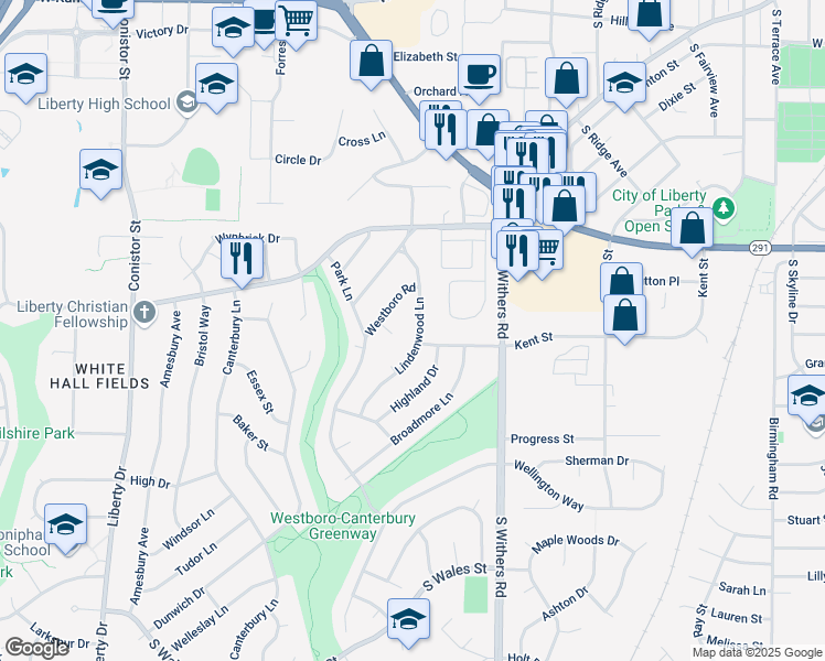 map of restaurants, bars, coffee shops, grocery stores, and more near 1224 Owens Drive in Liberty