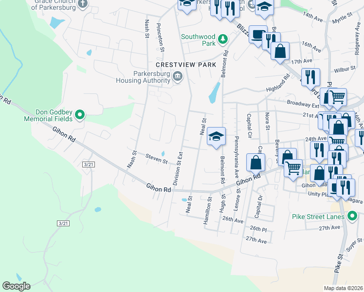 map of restaurants, bars, coffee shops, grocery stores, and more near 2378 Division Street Extension in Parkersburg
