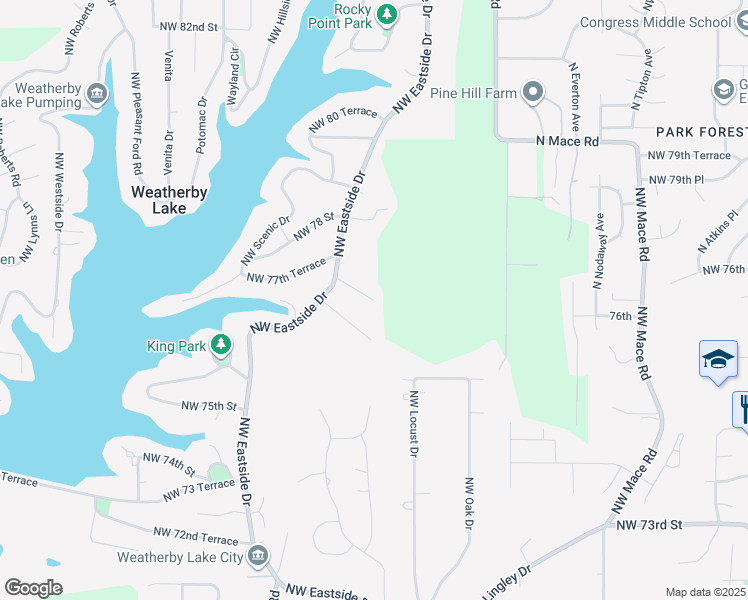 map of restaurants, bars, coffee shops, grocery stores, and more near Northwest 77th Street in Platte County