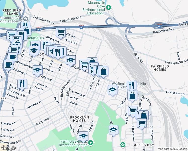map of restaurants, bars, coffee shops, grocery stores, and more near 921 E Patapsco Ave in Baltimore
