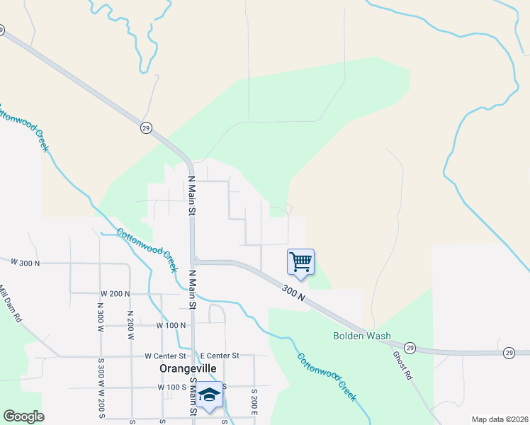 map of restaurants, bars, coffee shops, grocery stores, and more near 55 East 200 South in Orangeville