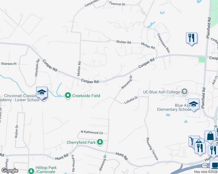 map of restaurants, bars, coffee shops, grocery stores, and more near 3580 Lobelia Drive in Cincinnati