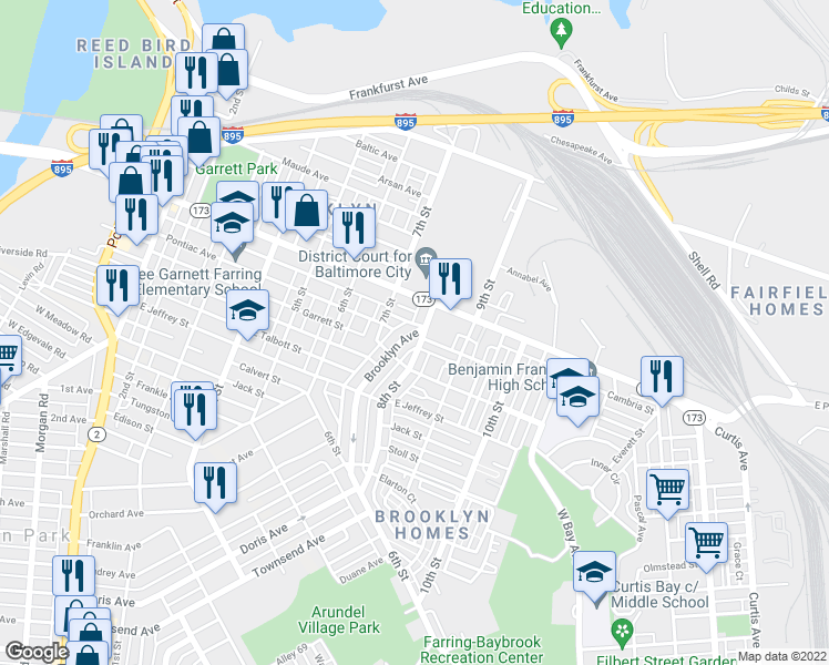 map of restaurants, bars, coffee shops, grocery stores, and more near 3700 Brooklyn Ave in Baltimore