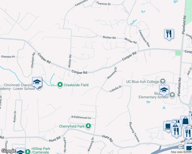 map of restaurants, bars, coffee shops, grocery stores, and more near 3580 Lobelia Drive in Cincinnati