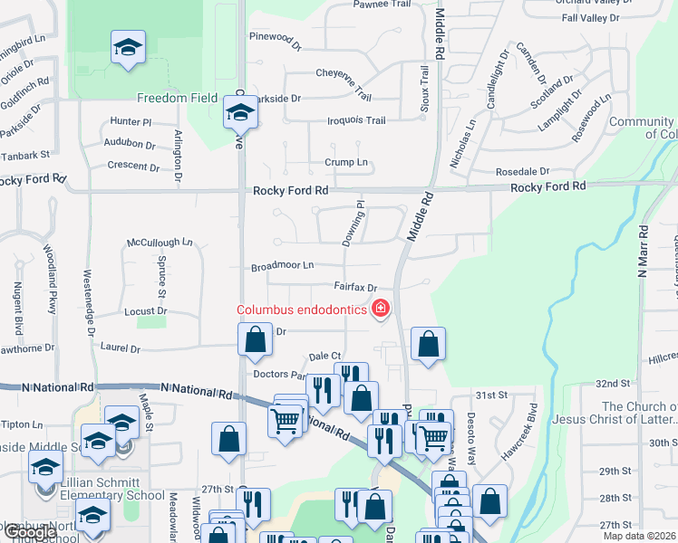 map of restaurants, bars, coffee shops, grocery stores, and more near 2303 Fairfax Drive in Columbus