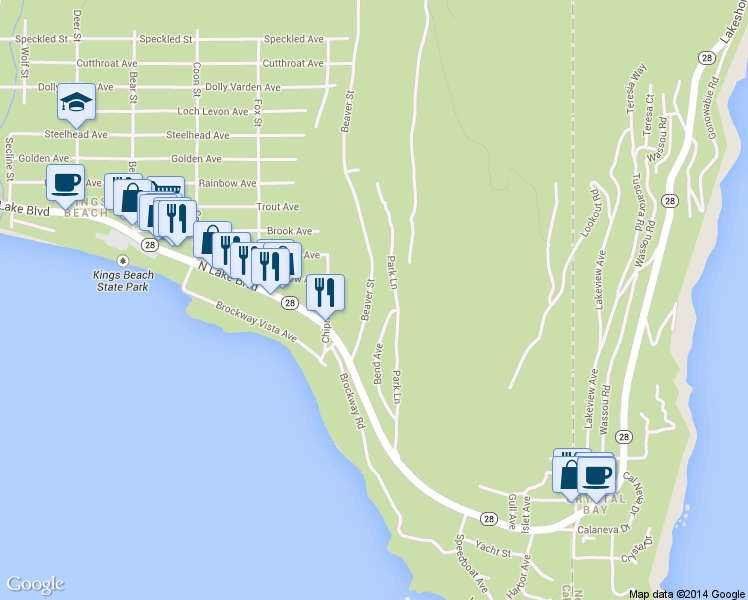 map of restaurants, bars, coffee shops, grocery stores, and more near 292 Bend Avenue in Kings Beach