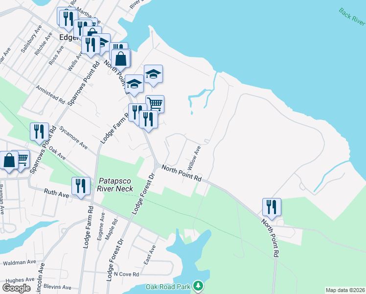 map of restaurants, bars, coffee shops, grocery stores, and more near 2810 Nathaniel Way in Sparrows Point