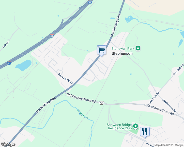 map of restaurants, bars, coffee shops, grocery stores, and more near 2592 Martinsburg Pike in Stephenson