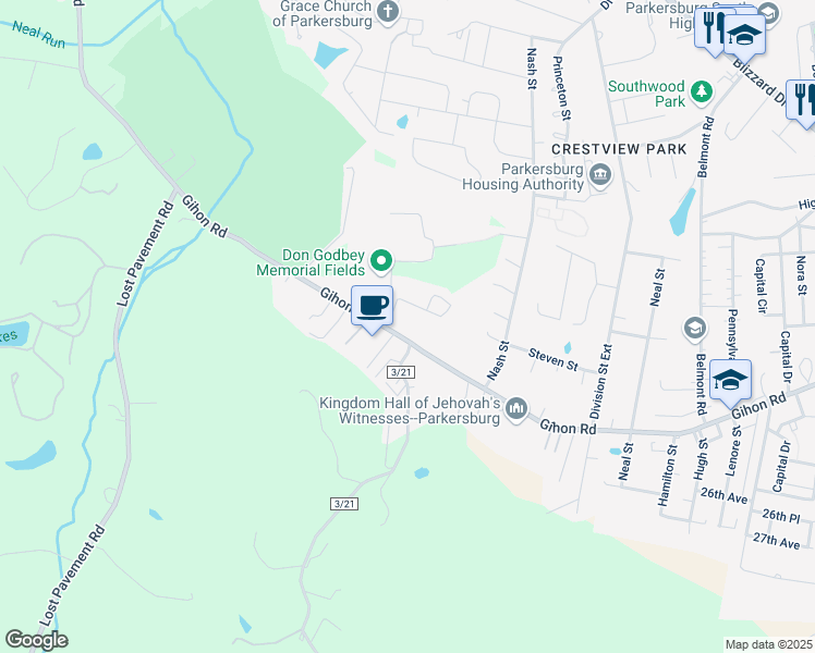 map of restaurants, bars, coffee shops, grocery stores, and more near 1613 Gihon Road in Parkersburg
