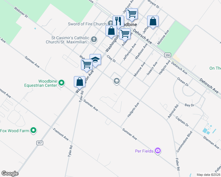 map of restaurants, bars, coffee shops, grocery stores, and more near 801 Webster Street in Woodbine