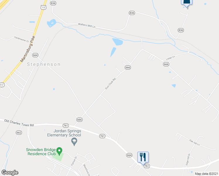 map of restaurants, bars, coffee shops, grocery stores, and more near 316 Gun Club Road in Stephenson