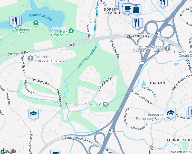 map of restaurants, bars, coffee shops, grocery stores, and more near 5317 Chase Lions Way in Columbia
